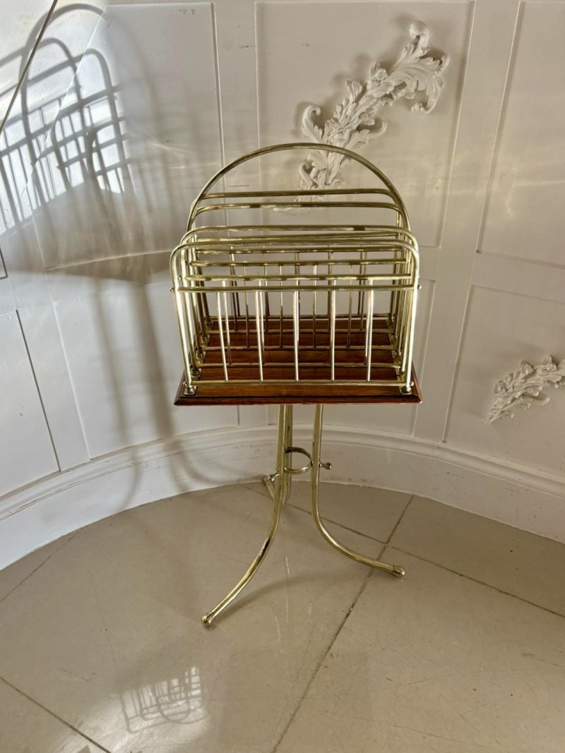 Antique Victorian Quality Brass and Oak Magazine Stand